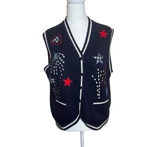 Vintage Robin Sinkler Fireworks Stars Knit Embroidered Vest Medium Patriotic